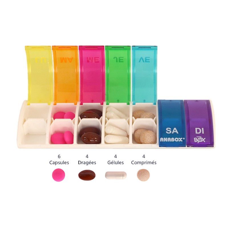Pilulier semainier Anabox Box7 avec séparateur Multicolore - gélules
