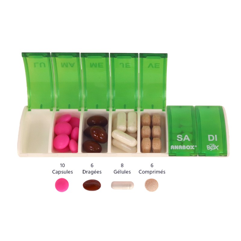 Pilulier Box7 vert avec étui noir - gélules