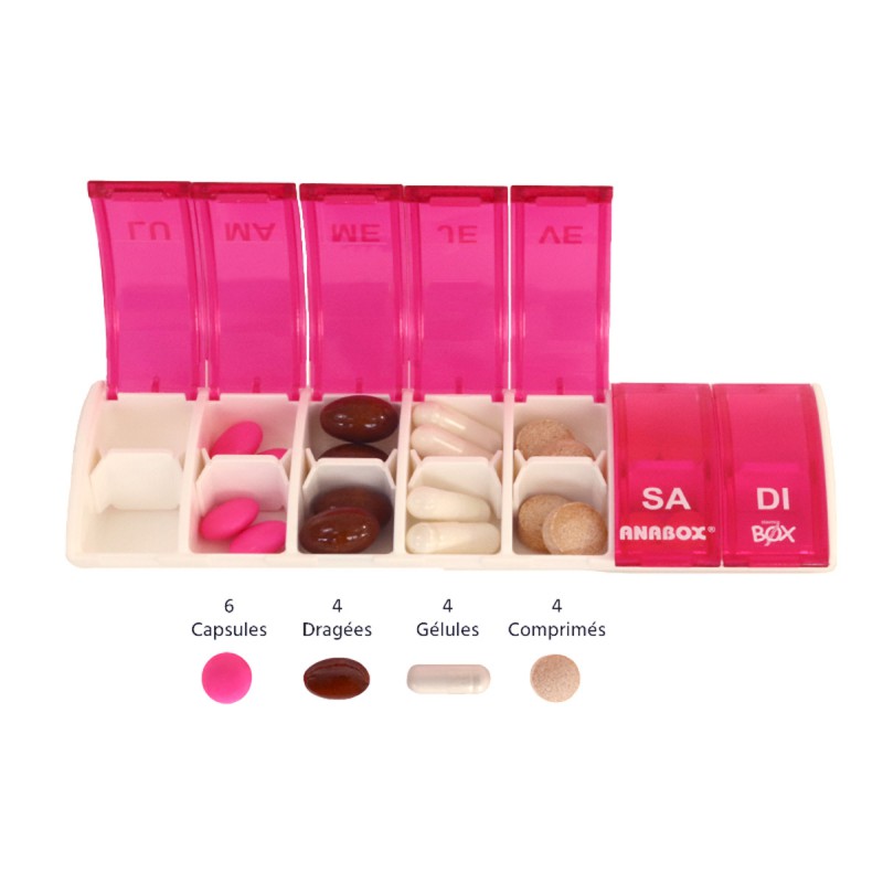 Pilulier semainier Anabox Box7 avec séparateur Rose - gélules Pilulier semainier Anabox Box7 avec séparateur Rose - gélules