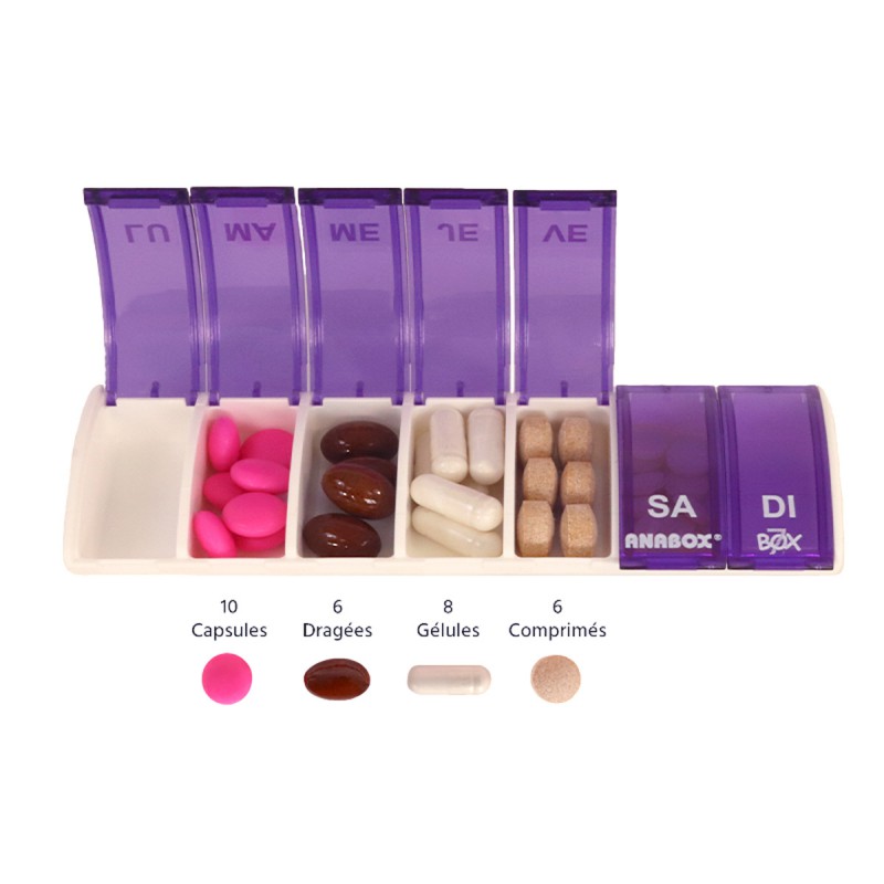 Pilulier hebdomadaire Anabox Box7 Violet - gélules