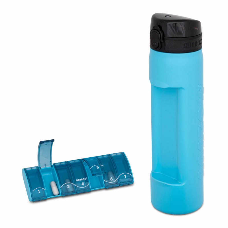 Gourde avec pilulier hebdomadaire Box7 - turquoise - pilulier à côté Gourde avec pilulier hebdomadaire Box7 - turquoise - pilulier à côté