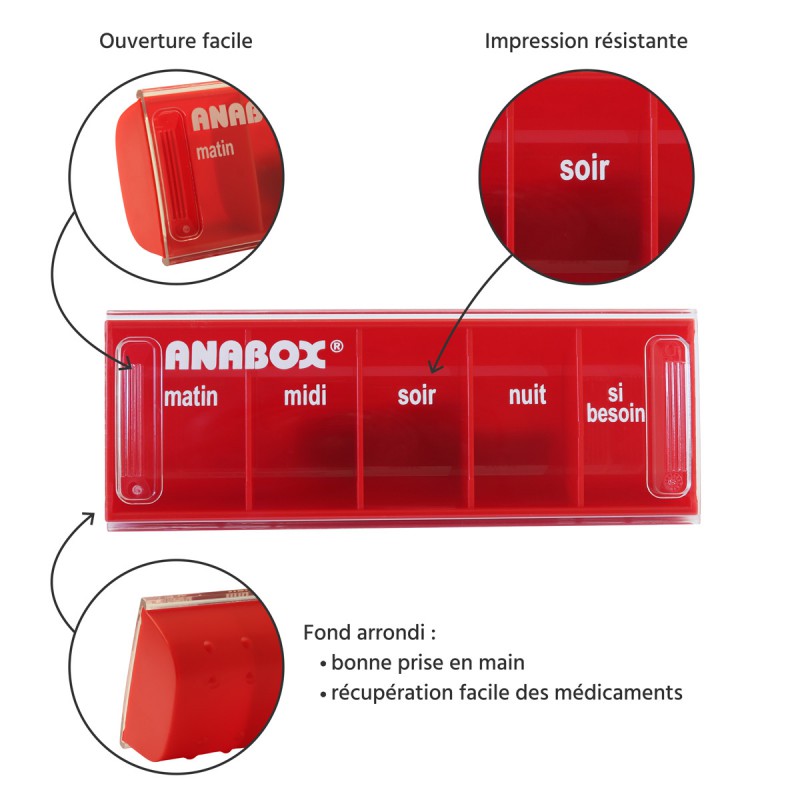 Pilulier journalier Anabox 5 prises par jour Rouge - zoom