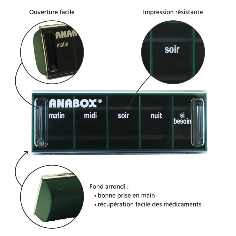 Pilulier journalier Anabox 5 prises par jour Vert Foncé - zoom