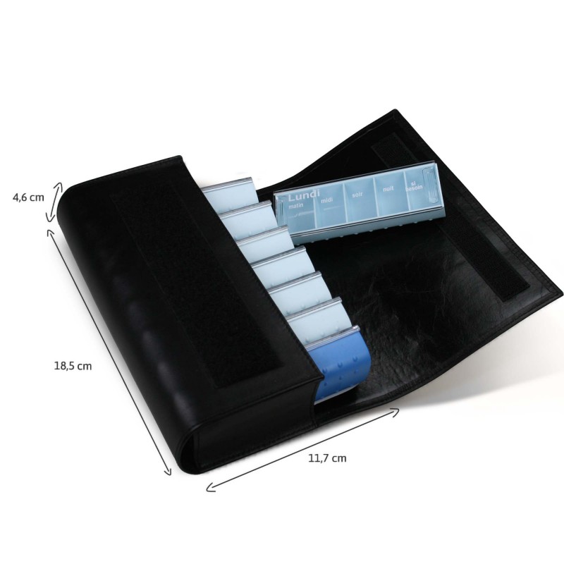 Pilulier à la semaine Anabox bleu avec étui - dimensions Pilulier à la semaine Anabox bleu avec étui - dimensions